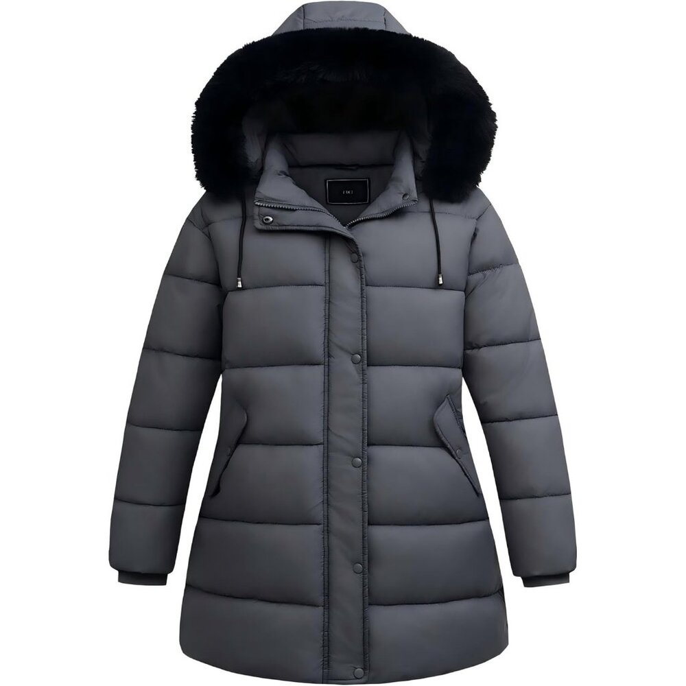 Women's Down Hood Jacket Coat Gray Waterproof Windproof Detachable Flannel